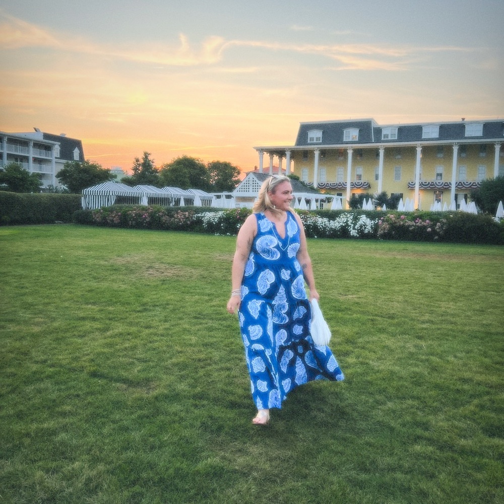 Blue Maxi Dress with White Seashell Print
